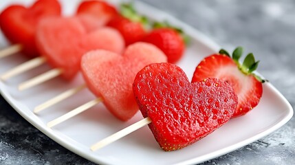 Naklejka na ściany i meble heart shape strawberry and watermelon fruit skewers on white plate fun food for Valentines day