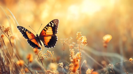Butterfly in golden sunlight. Concept of beauty, freedom, and nature.