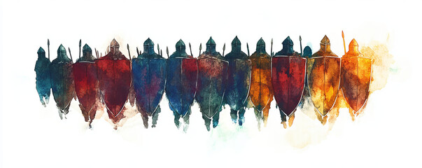line of medieval soldiers in colorful armor and shields forms defensive formation, evoking strength and unity in watercolor art style