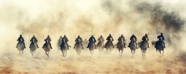 Warriors on horseback move in formation through swirling fog, creating dramatic and intense atmosphere. scene evokes sense of unity, strength, and determination