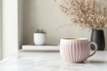 Calm workspace with journal and coffee, minimalist design, focus and organization