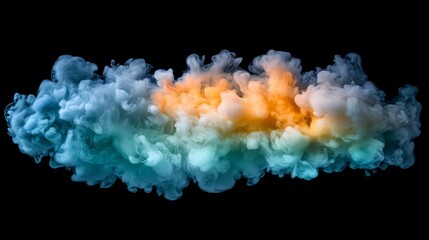 Fototapeta premium A plume of colorful smoke blending blue, green, and yellow tones, softly expanding on a dark black background