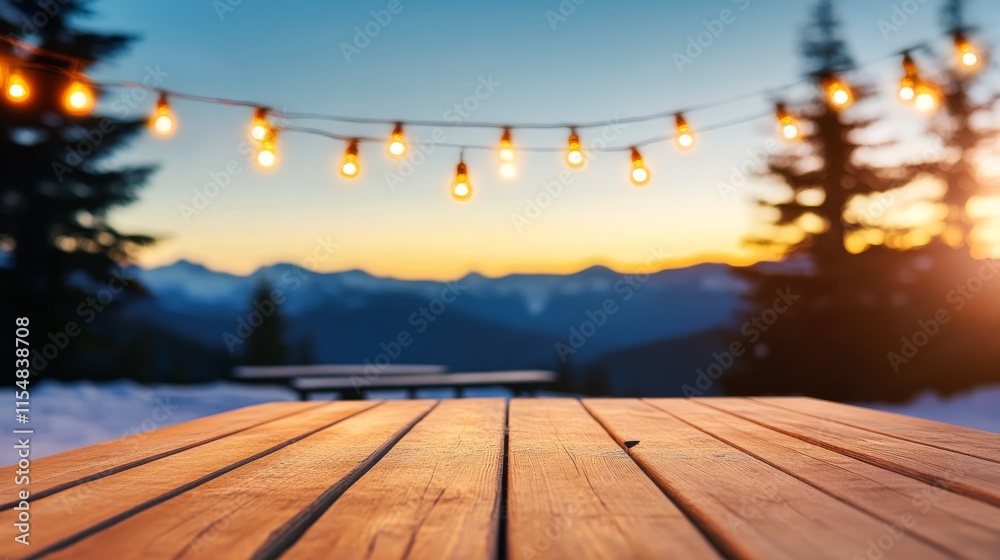Poster in a tranquil outdoor setting, a wooden bench dusted with snow glows softly from string lights, fram