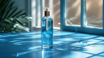 Naklejka premium blue glass bottle, perfume, sunlit room, shadows, refreshing scent, interior decor, natural light, stylish design, beauty product, minimalist aesthetic