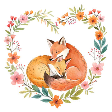 Valentine animals clipart adorable foxes embraced in floral heart romantic artwork nature-inspired whimsical design
