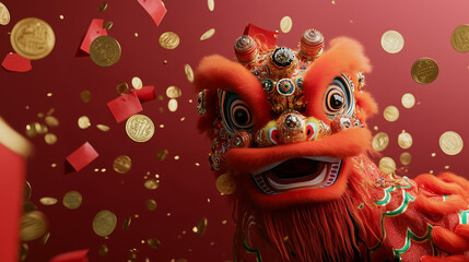 Vibrant Lion Dance on Red Backdrop for Chinese New Year Celebration Copy Space