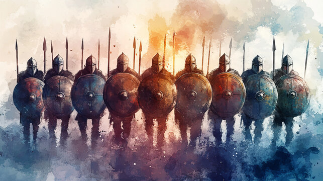 group of medieval warriors stands united in defensive formation, holding shields and spears, with dramatic background of fiery and smoky hues symbolizing strength and determination