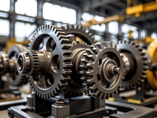 Fototapeta premium Industrial Gear System Closeup Precision Engineering Machine Parts Manufacturing Factory Metal