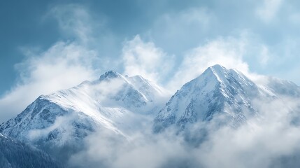 Majestic snow capped mountains shrouded in clouds.  Stunning alpine landscape.