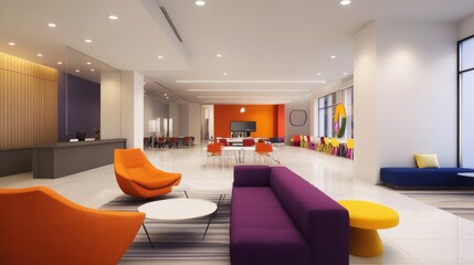 Contemporary open-concept space with recessed LED ceiling lighting, sleek white walls, and bold accent furniture