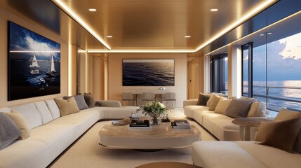 Luxurious living area with LED-lit recessed ceilings, statement artwork, and comfortable modern seating