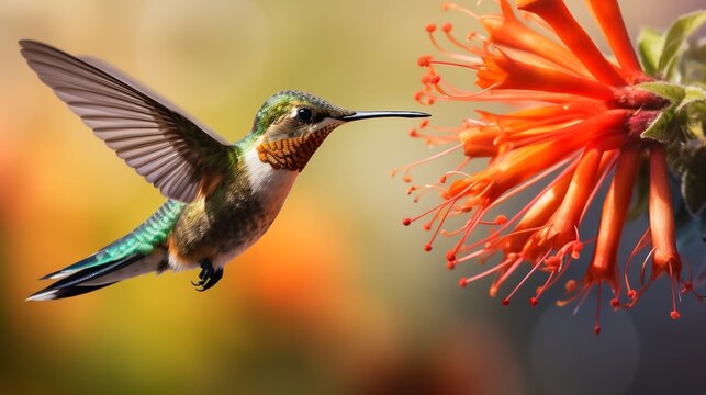 Close up shot of a hummingbird hovering in midair while delicately feeding nectar from the vibrant petals of a blooming flower showcasing the beauty and grace of this natural ecosystem interaction