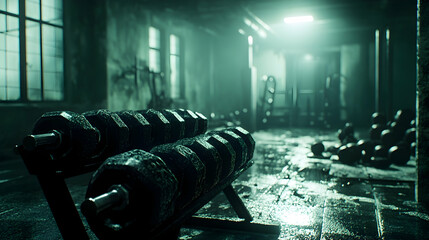 Rack of dumbbells in gym with shallow depth of field, moody lighting