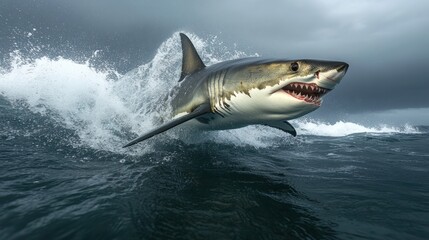 Fototapeta premium A great white shark leaps from the ocean, showcasing its power and agility amid crashing waves.