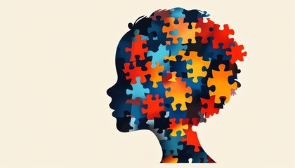 Creative illustration of a childs head silhouette filled with colorful puzzle pieces, representing autism and mental health awareness, World Mental Health Day