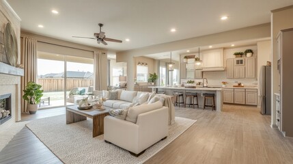 Fototapeta premium Sleek open-concept design with recessed LED ceiling lights, light-colored wood floors, and a calming neutral palette