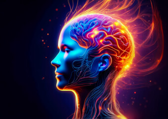 Human head with glowing brain on black background. 3D illustration.