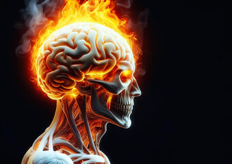 Human brain in fire on a dark background. 3D illustration.