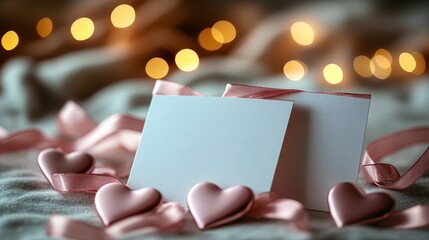 Obraz premium Blank cards with hearts and ribbon on cozy fabric.