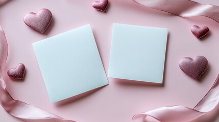 Blank cards with hearts and ribbon on pink background.