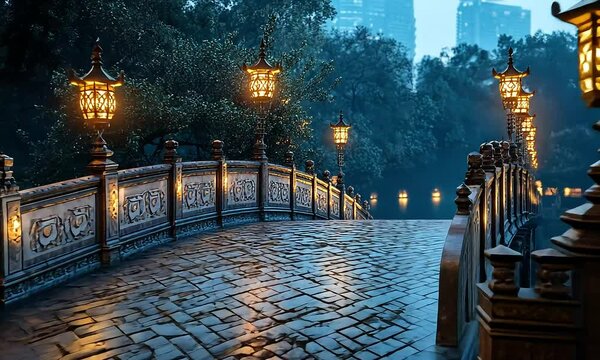 Serene Evening Walk on Illuminated Bridge Surrounded by Lush Trees in a Tranquil Urban Parkscape with Soft Reflections on Calm Water Surface with ai generated.