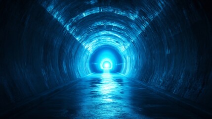 Abstract Blue Neon Tunnel, Futuristic Sci-Fi Digital Art, Glowing Light at the End