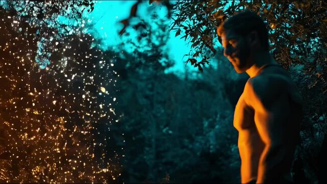 Man with Fire Sparks in Nature  
