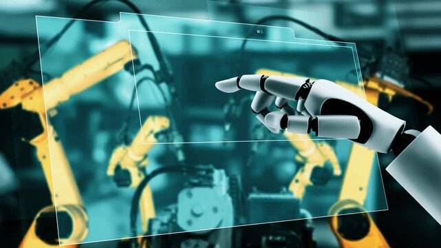 Cybernated industry robot and robotic arms for assembly in factory production . Concept of artificial intelligence for industrial revolution and automation manufacturing process .