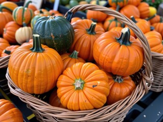 Autumn Harvest Orange Pumpkins in Woven Basket Fall Decoration