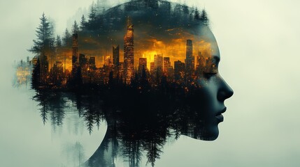 Silhouette of a woman with a cityscape and forest.
