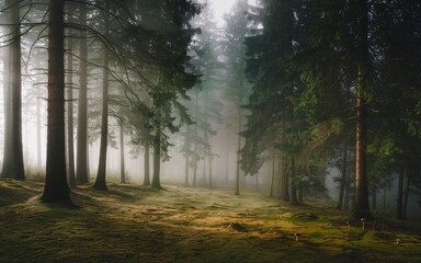 Fototapeta premium Sunlit path through a misty forest.