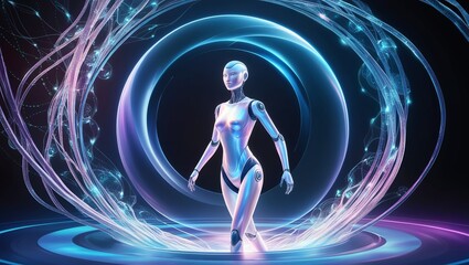 Obraz premium A futuristic illustration of artificial intelligence represented by a glowing humanoid robot, surrounded by digital data and neural networks.