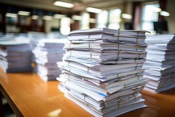 Overwhelming paperwork piles high on chaotic desk in a bright, busy office environment
