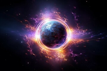Obraz premium Powerful Image of Orange Sphere Hurtling Through Space with a Halo of Blue and Purple Light 