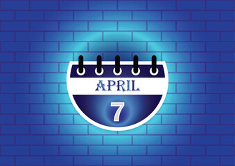 April 7 calendar sign on blue neon brick wall background. Flat design style. Date, day and month. Vector illustration.