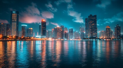 Obraz premium Modern City Skyline at Night Reflecting on Water. Urban Landscape.