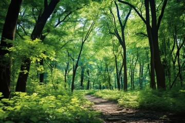 Fototapeta premium Sunlight glistening through the lush green canopy of trees in a peaceful forest setting
