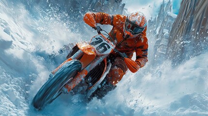 Fototapeta premium A motocross rider expertly navigating through a snowy landscape, showcasing skill and speed.
