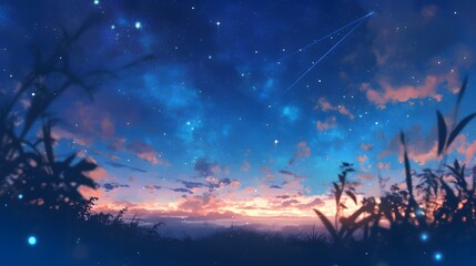 Fototapeta premium Calm anime sky view with beautiful stars and clouds