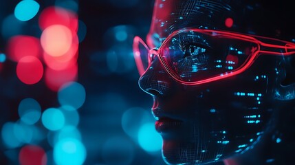 Future woman with digital glasses. Concept of technology, innovation, and the future.