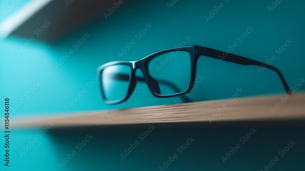 Aufkleber A pair of sleek eyeglasses rests on a wooden shelf illuminated by soft light, highlighting their design and craftsmanship while leaving space for text or branding