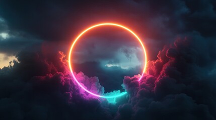 Obraz premium Colorful Neon Ring Glowing Inside Stormy Clouds in 3D Render