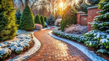 Serene Winter Garden Path at Sunset, Brick Pathway Winding Through Snow Covered Evergreens and Shrubs