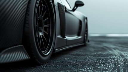 Textured close-up of a matte black sportscar splitter against asphalt