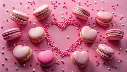 Fototapeta premium A Delicate Arrangement of Pink Macarons Forming a Heart Shape on a Pink Background with Sprinkles