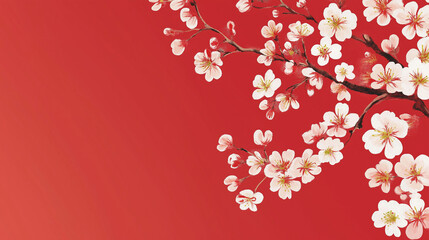 Fototapeta premium 和風桜デザイン背景｜真紅の背景に白い桜が映える高品質和柄イラスト