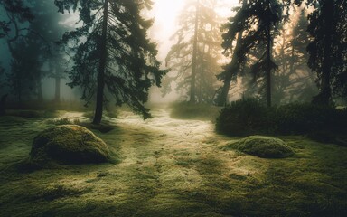 Obraz premium Sunlit misty forest path with moss.