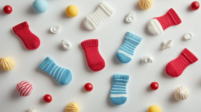 A minimalist design with baby socks, pacifiers, and tiny mittens scattered on a clean white background