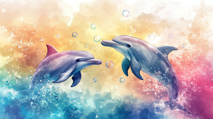 Fototapeta premium Two dolphins joyfully playing with bubbles in vibrant, colorful water, surrounded by dreamy, artistic background that enhances their lively interaction
