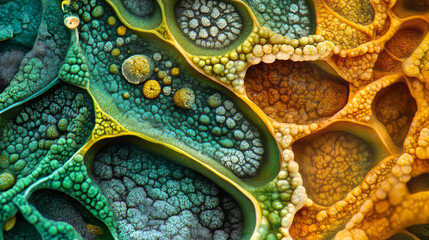 Abstract Cellular Structure: Green, Gold, and Teal 3D Render